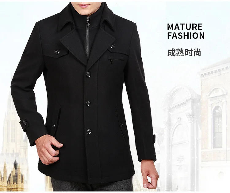 Description Picture 6 of itemAutumn and winter new thick woolen men's coat long men's trench coat business middle-aged men's wear