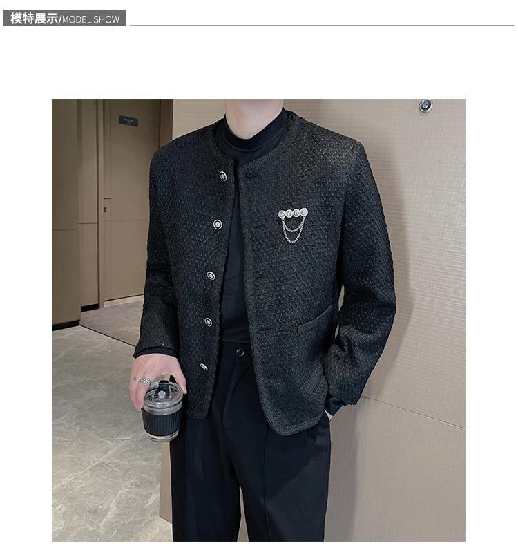 Description Picture 6 of item2023 Autumn Winter Men's Woolen Jacket Fashion Loose Round Neck Woven Jacket Male Casual Business Social Streetwear Overcoat