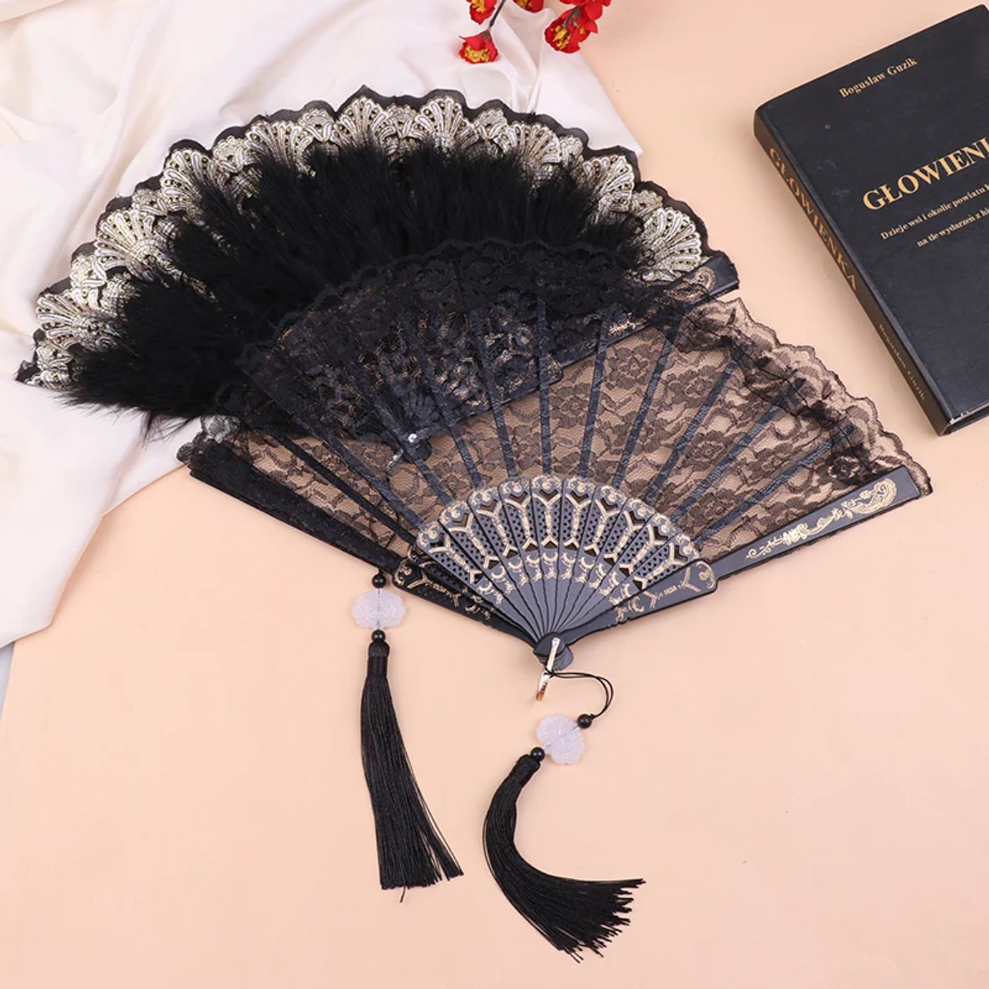 Description Picture 6 of itemLuxury White Black Lace Folding Fan Double-layered Plastic Wedding Cosplay Party Home Decorative Fan Ancient Bride Hand Fan