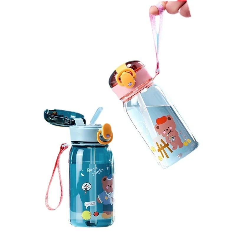 Description Picture 5 of itemCartoon teddy bear children's plastic cup, portable for school, outdoor, with rope, one click open cover, summer straw water cup