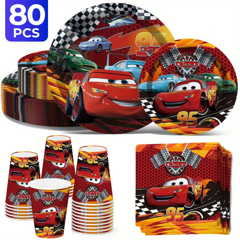Description Picture 2 of item80 Disposable Disney Car Cutlery Set, Including 20 Plates, 20 Dessert Plates, 20 Paper Cups, and 20 Tissue Party Cutlery Set