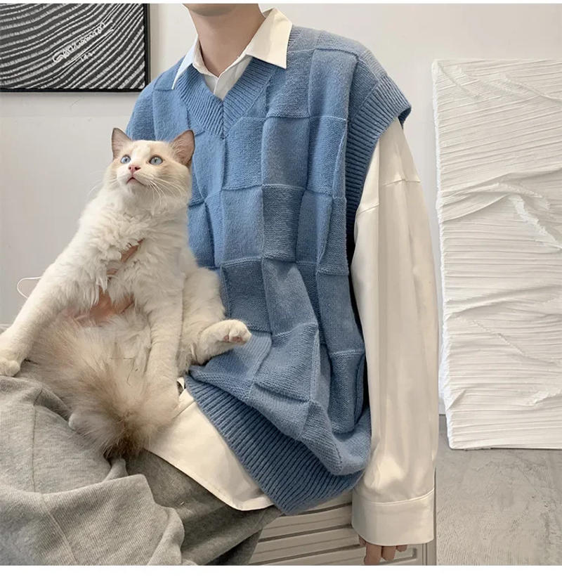 Description Picture 5 of itemTrendy Men's Sweatvest Solid Color Plaid V-neck Design Sensibility Couple Shoulder Vest Loose Fit Versatile Base Knitted Top