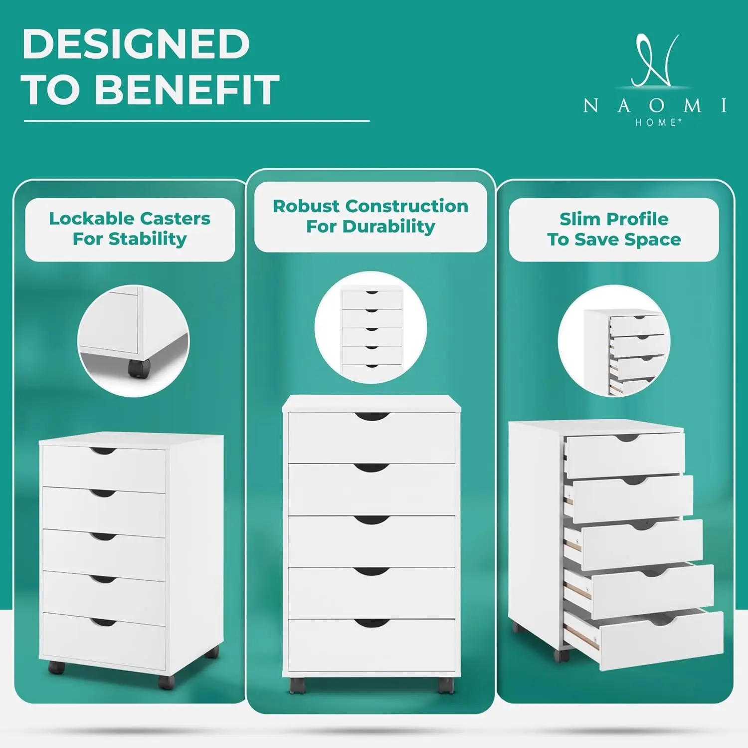 Description Picture 5 of item5 Drawer Chest, Wood Storage Dresser Cabinet with Wheels, Craft Storage Organization, Makeup Drawer Unit for Closet, Bedroom