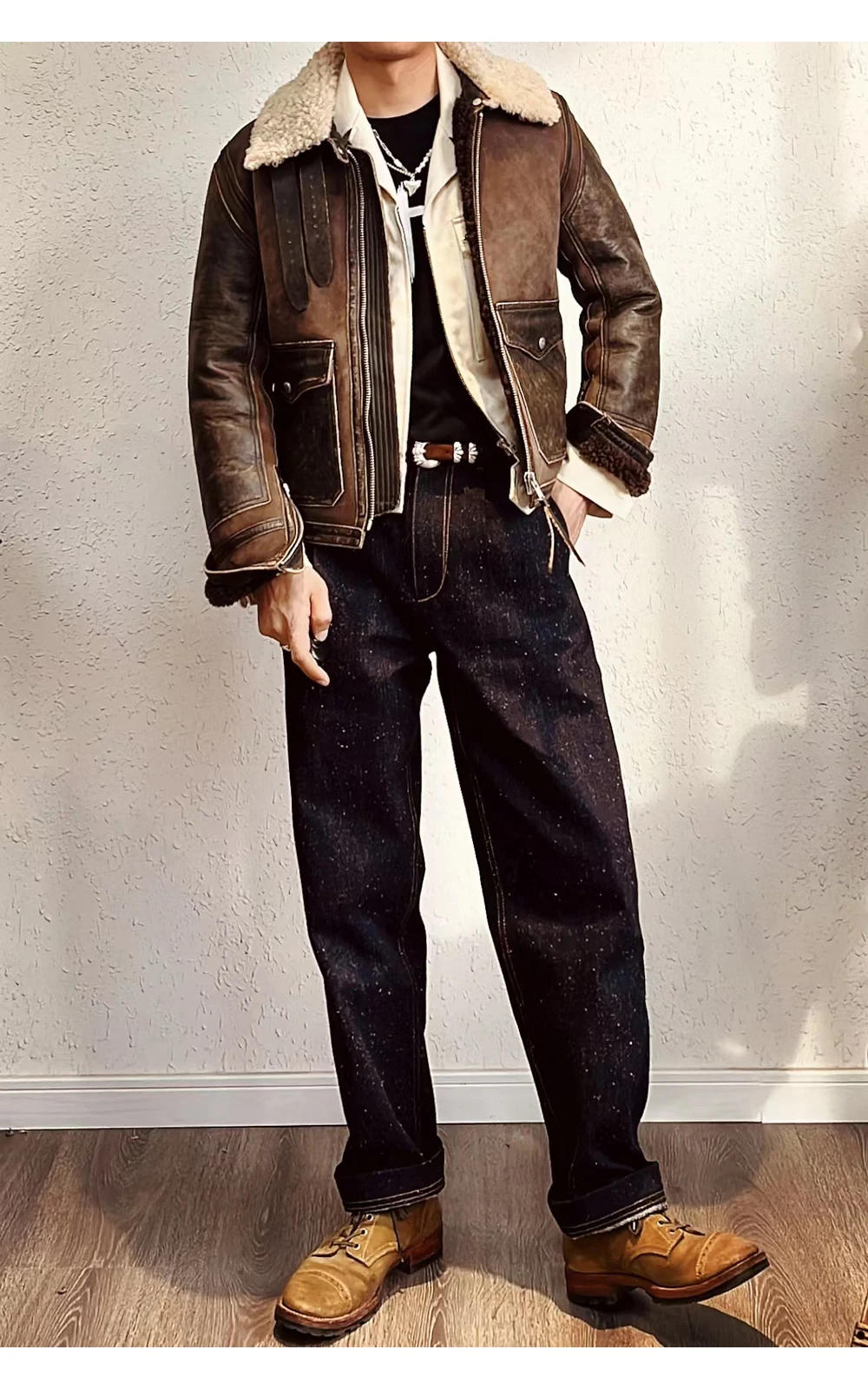 Description Picture 3 of itemCDF2093 European High Quality Super Warm Genuine Sheep Leather Jacket Mens Big Size B2 Shearling Bomber Military Pilot Fur Coat