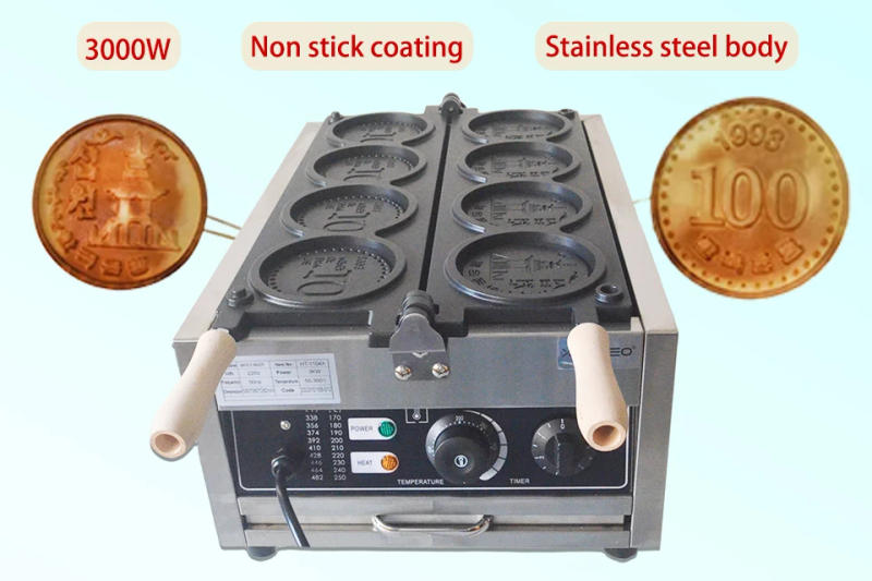 Description Picture 2 of itemXEOLEO Commerical 4PCS Korean Coin Waffle Maker 3000W Non-stick Coating Gold Coin Bread Waffle Making Maker Electric/Gas