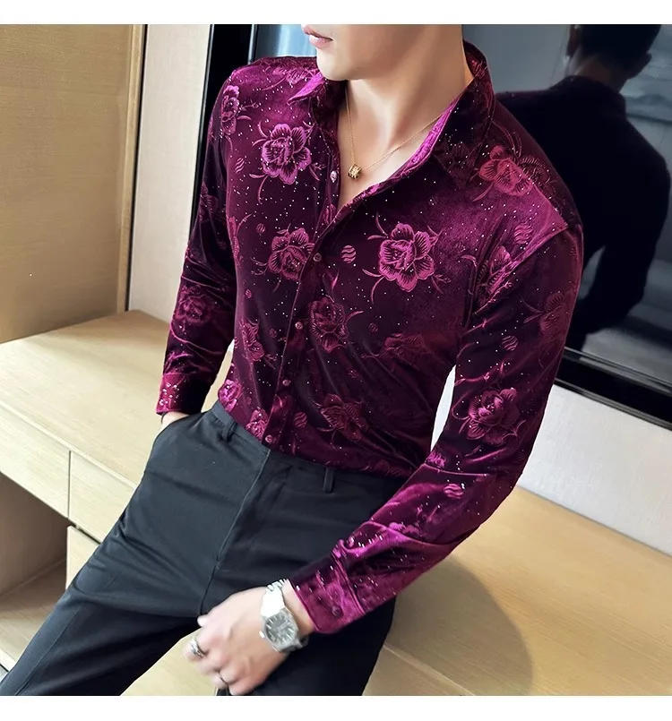 Description Picture 6 of itemLuxury Print Velvet Men Shirts Spring Long Sleeve Slim Casual Business Dress Shirt Social Party Streetwear Tuxedo Blouse 2024