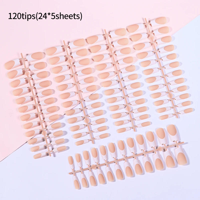 Description Picture 5 of item120pcs/bag Medium Square White French Tips Matte Brown Press on Nails 3 in 1 Pre-lasting Nude Artificial False Nails Tip 10 Size