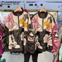 Carton Jackets for Women 2025 Spring New American Retro Cartoon Embroidery Trendy Brand Loose Coat Long Sleeve Zip Jacket