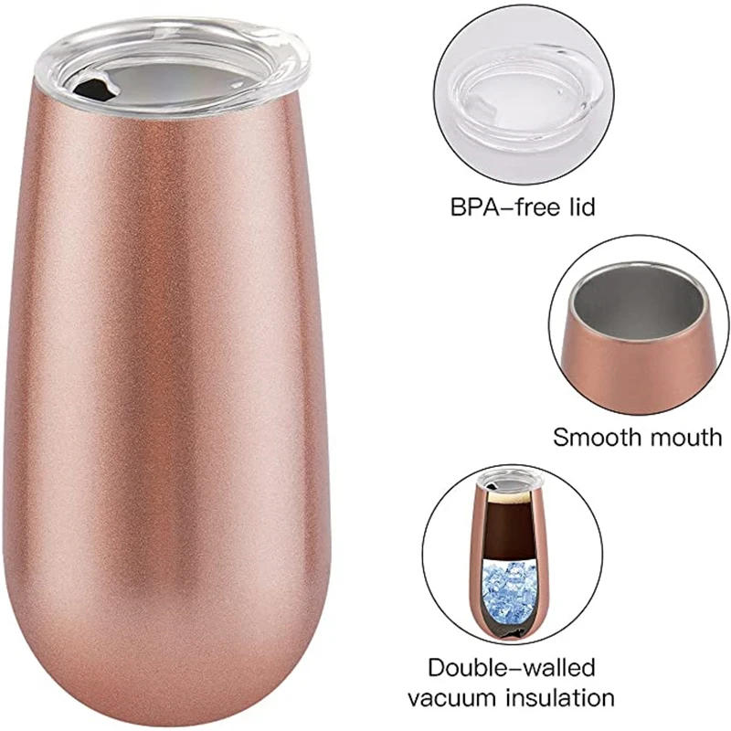 Description Picture 4 of item6oz Stainless Steel Champagne Tumbler Cup With Lids Wine Glass Beer Cup Wedding Party Festival Mug Gift
