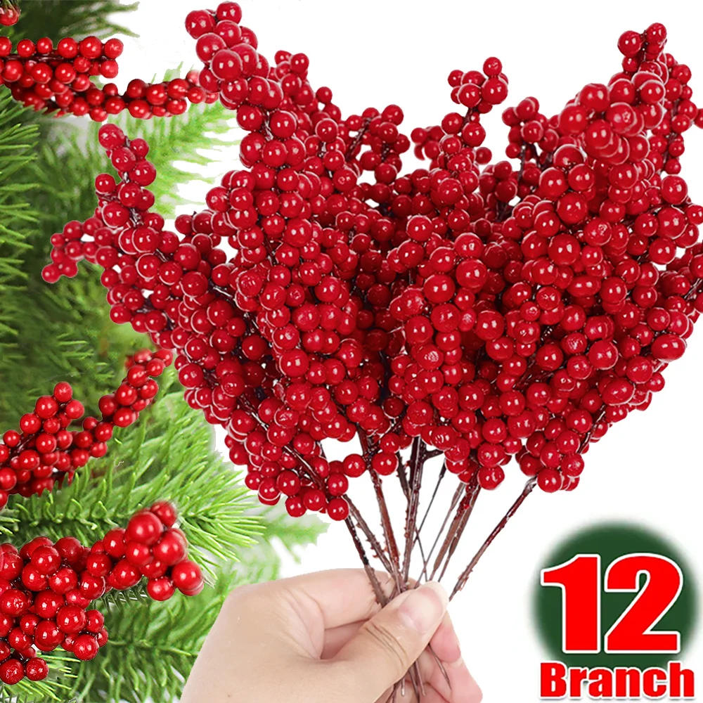 Description Picture 3 of item12/1Pcs Christmas Red Berries Artificial Fruit Holly Berry Stamen Bouquet For Christmas Wedding Party Decoration Home DIY Crafts