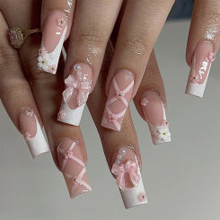 24Pcs Cute Pink French Fake Nails with Glue Long Ballet False Nail Bow Pearl Design Press on Nails Wearable Coffin Manicure Tips