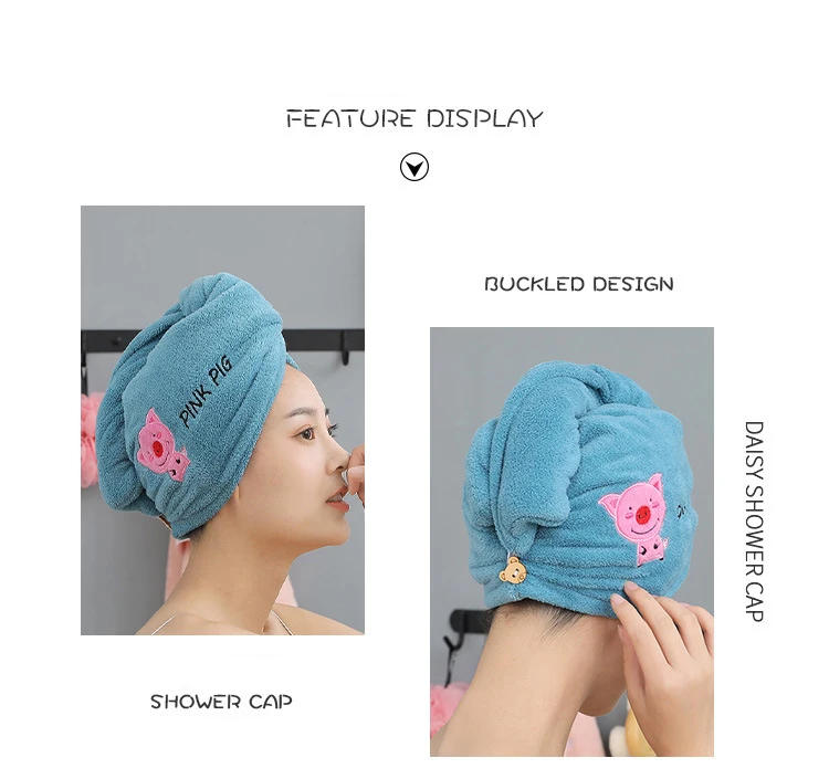 Description Picture 4 of itemCute Animal Embroidery Absorbent Shower Cap Coral Fleece Hair Drying Cap Towel Women Thicken Quick-Dry Turban Bathroom