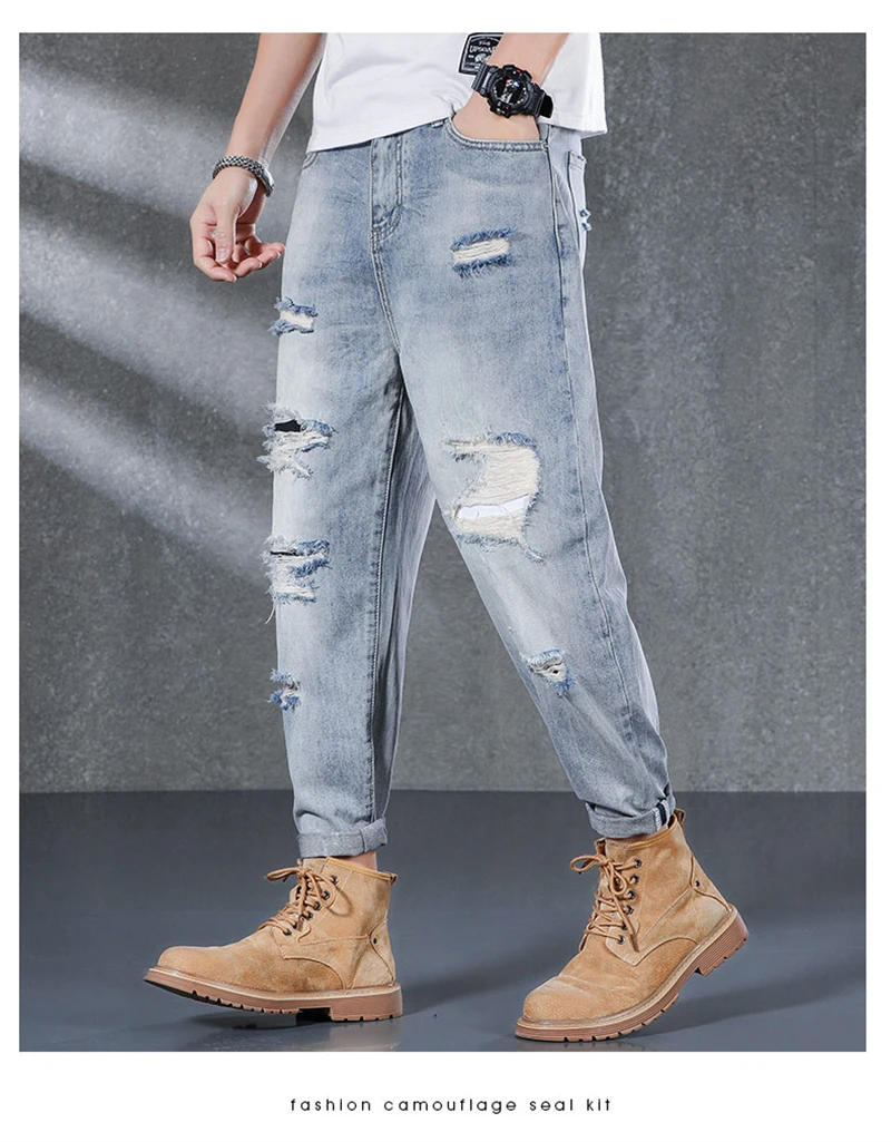 Description Picture 5 of itemRipped Jeans Men Light Blue Cotton Harem Pants Men's Cropped Trousers Ankle-Length Distressed Frayed Hip Hop Jeans Loose Fit