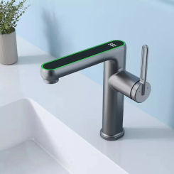 Gun Grey Basin Mixer with Temperature Display, Sink Faucet,Hot and Cold Brass Bathroom Tap,Single Handle,Deck Mount,Brushed Gold