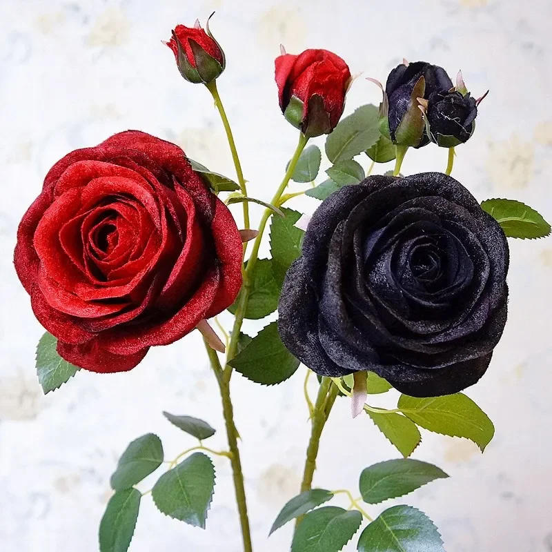 Description Picture 2 of itemArtificial Palace Roses 3 Heads Diamond Velvet Fake Flowers Hotel Garden Decorated with Black Rose Branches Simulation Flower