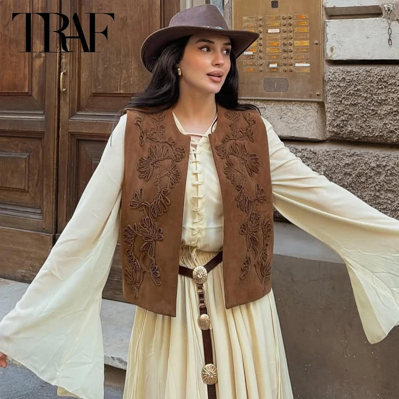 Description Picture 3 of itemWomen Embroidered Vest Top O Neck Faux Suede Women's Sleeveless Vest Casual Loose Waistcoat Woman Chic Lady Top Street Outwear