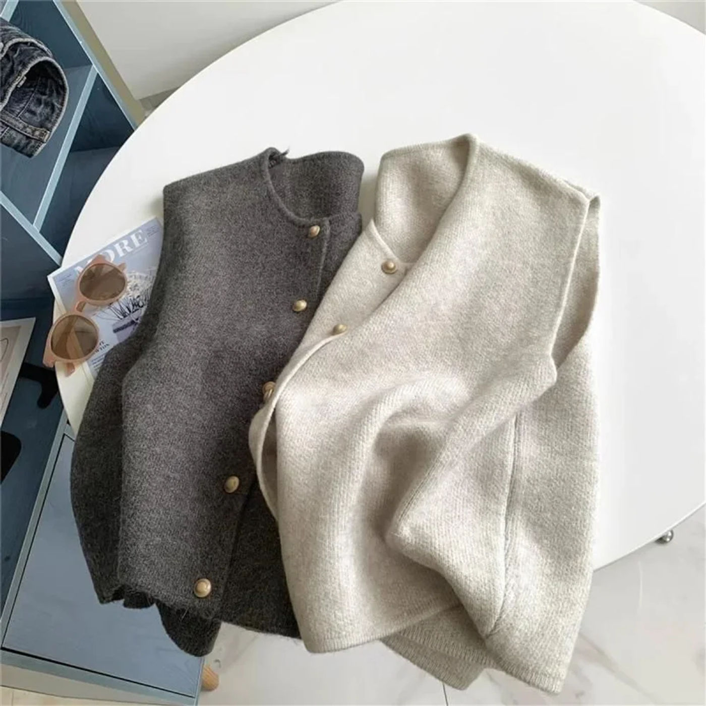 Description Picture 3 of itemSpring Autumn Women's Solid Button V-Neck Sleeveless Casual Fashion Office Lady Elegant Tops Sweater Knitted Cardigan Vest Coats