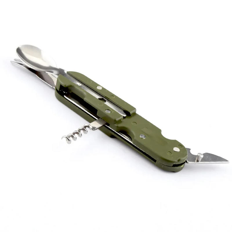 Description Picture 6 of itemFolding Portable Stainless Steel Army Green Camping Picnic Cutlery Knife Fork Spoon Bottle Opener Flatware Tableware Travel Kit