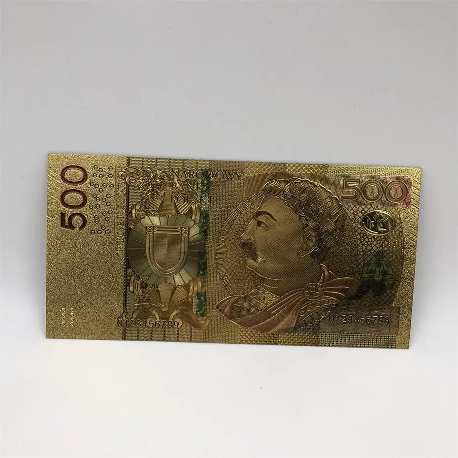 Description Picture 4 of itemWholesale 8 Designs Colored Gold Foil Polish Banknote Set 50 100 200 500 PLN for Partriotism Poland Crafts Collection