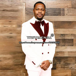 White Suits Men Formal Groom Wear Wedding Tuxedo Burgundy Velvet Peaked Lapel Blazer Tailore-Made 2 Pieces Man Business Dress
