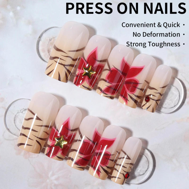 Description Picture 6 of item24pcs long square false nail painting red flowers, sexy mature leopard print design, press on nails, suitable for women,reusable