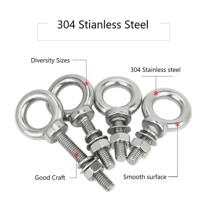 Description Picture 2 of itemM3 M4 M5 M6 M8 304 Stainless Steel Ring Eyebolts with Nut Washer Gaksets Set,Extended Bolts Marine Lifting Ring Screws and Nuts