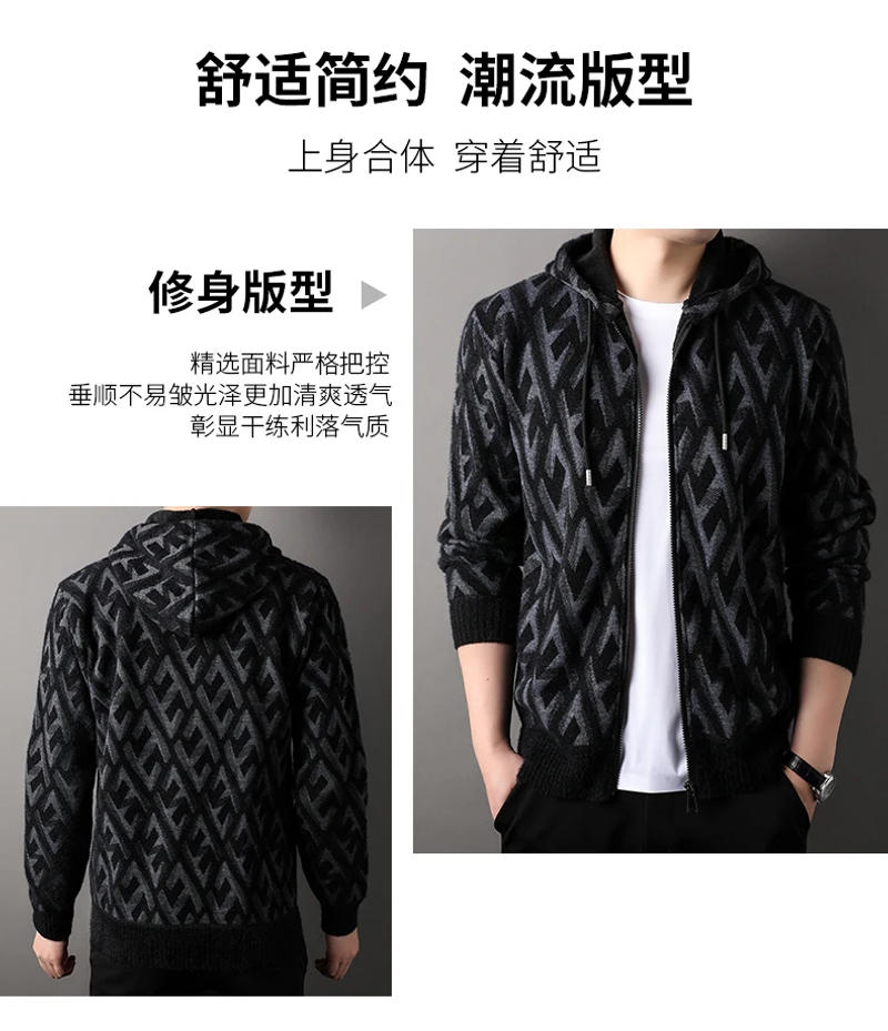 Description Picture 4 of item2024 Men's Clothing Autumn Winter Knit Jackets Printed Mink Wool Fleece Thick-knit Warm Hooded Coat Mens Sweater Cardigan Coat