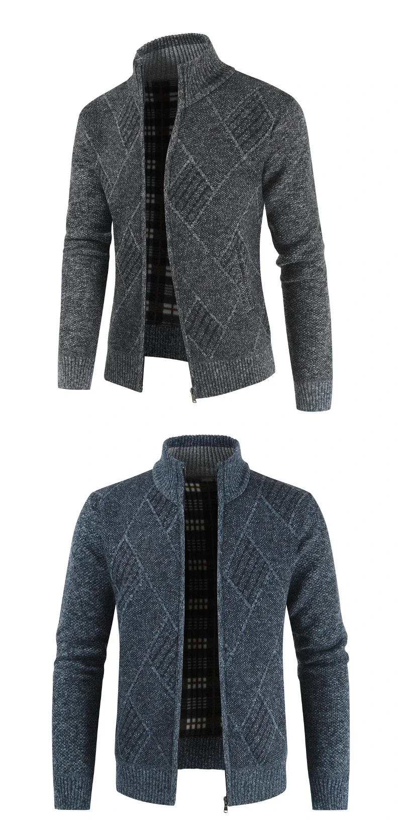 Description Picture 6 of item2023 New Men's Sweater Youth Fashion Trend Zipper Cardigan Stand Up Collar Plaid Casual Sweater Coat