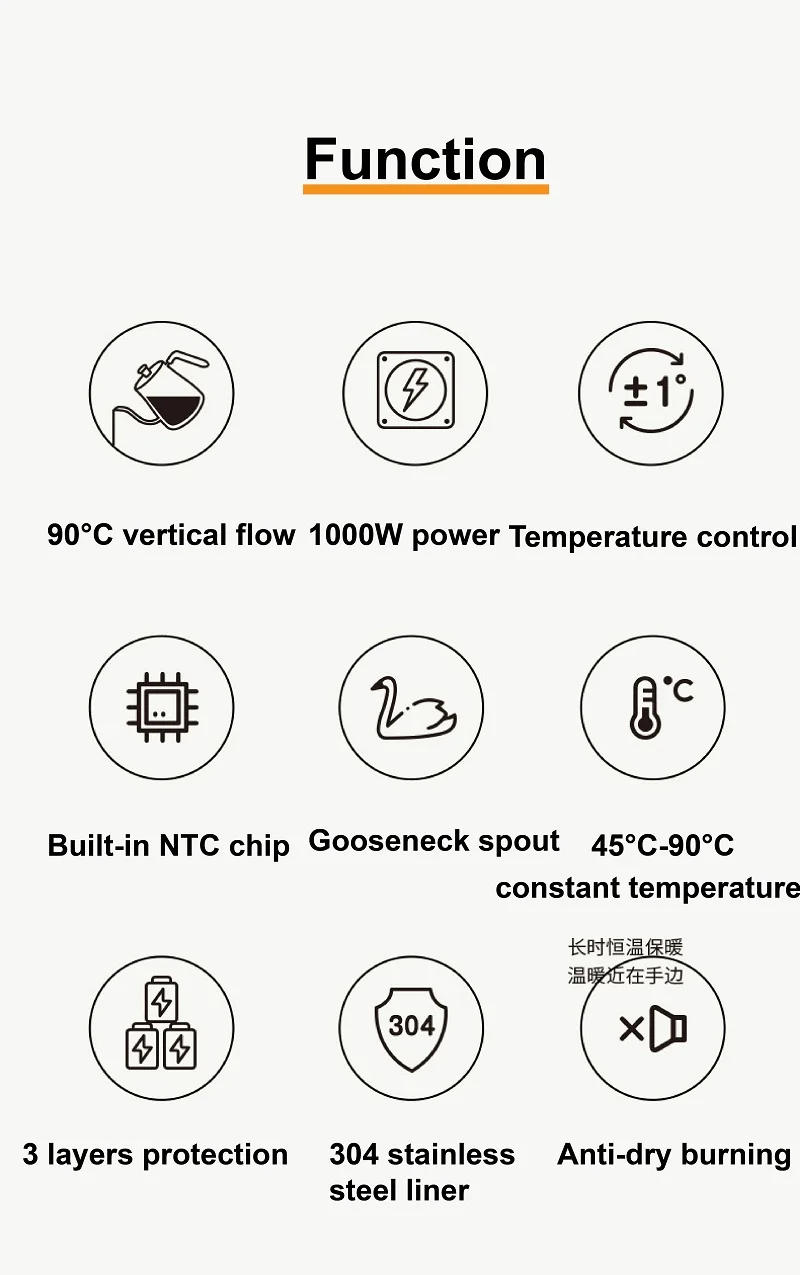 Description Picture 3 of item110V Electric Kettle Smart Hand Brewed Gooseneck Coffee Pot 800ml Home Temperature Controlled Kettle Suitable For Coffee/Tea