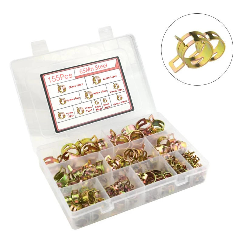 Description Picture 2 of item155Pcs 6-22mm 10 Size Manganese Steel Spring Driven Hose Clamp Low Pressure Air Clamp Fastener Sorting Kit For Pipes,Automobiles