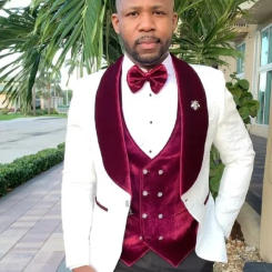 Burgundy Velvet Vest With Pattern Men Suit Groom Wedding Prom Terno Masculino Slim Fit Blazer For Man 3 Pieces Costume Homme