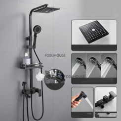 Nordic Brass Shower Faucets Set For Bathroom Accessories Shower Mixer Black Thermostatic Supercharged Household Shower Head