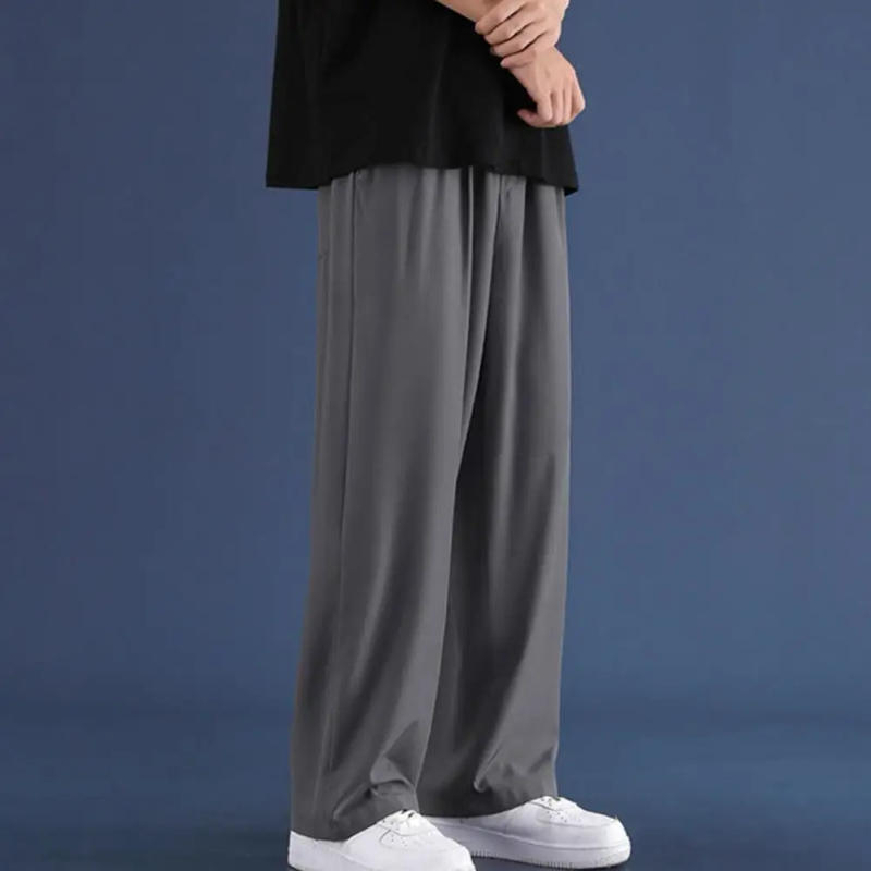 Description Picture 5 of itemMen Loose Pants Japanese Style Men's Ice Silk Wide Leg Sweatpants with Side Pockets for Gym Training Jogging Elastic Waist Solid