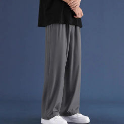 Men Loose Pants Japanese Style Men's Ice Silk Wide Leg Sweatpants with Side Pockets for Gym Training Jogging Elastic Waist Solid