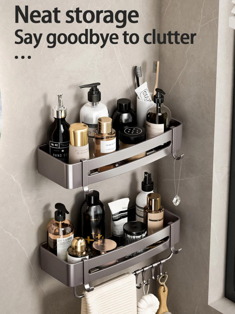 Description Picture 2 of itemBlack Shower Caddy, Metal Shower Shelf Wall Mounted Bathroom Shelves with Hooks, Bathroom Wall Storage Basket, Antirust