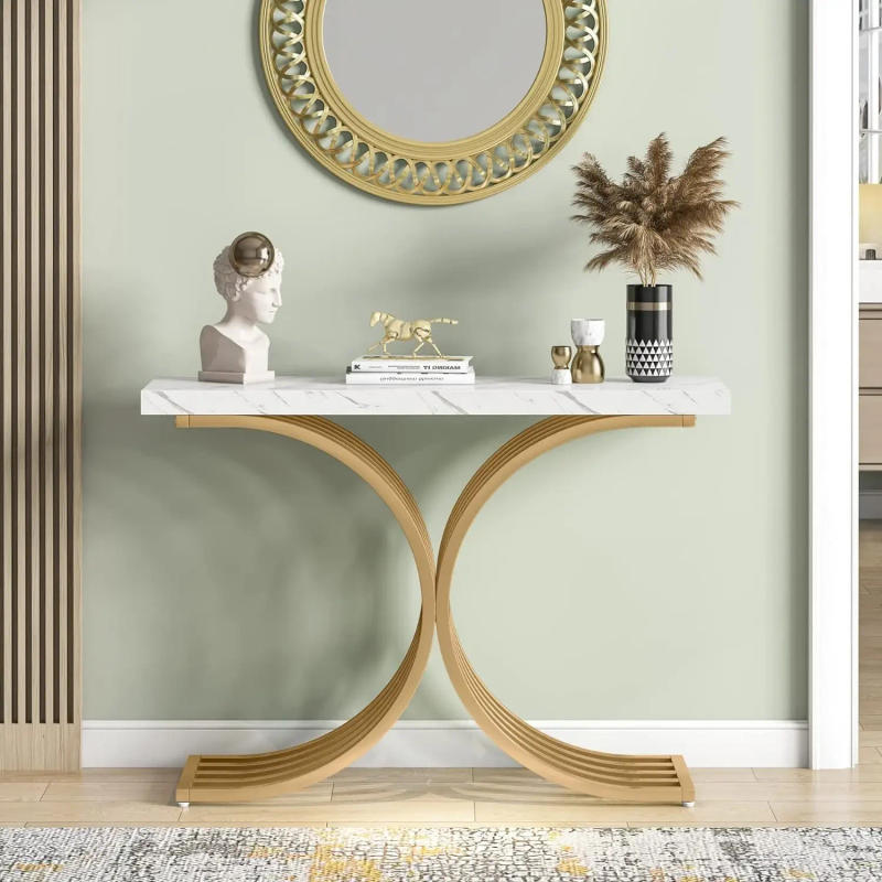 Description Picture 5 of itemTribesigns Entryway Console Table White Faux Marble Top Narrow Sofa Accent Table with Gold Metal Base
