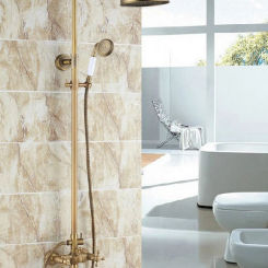Antique Brass Two Cross Handles Bathroom Rain Shower Faucet Set Tub Mixer Tap + 8" Round Rain Shower Head + Handshower ars126