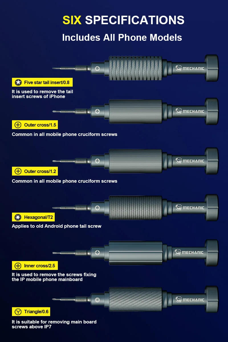 Description Picture 2 of itemNew MECHANIC High Hardness Screwdriver Kit Convex Cross Torx T2 Y0.6 Pentalobe Phillips for Phone Watch Repair Opening Tool