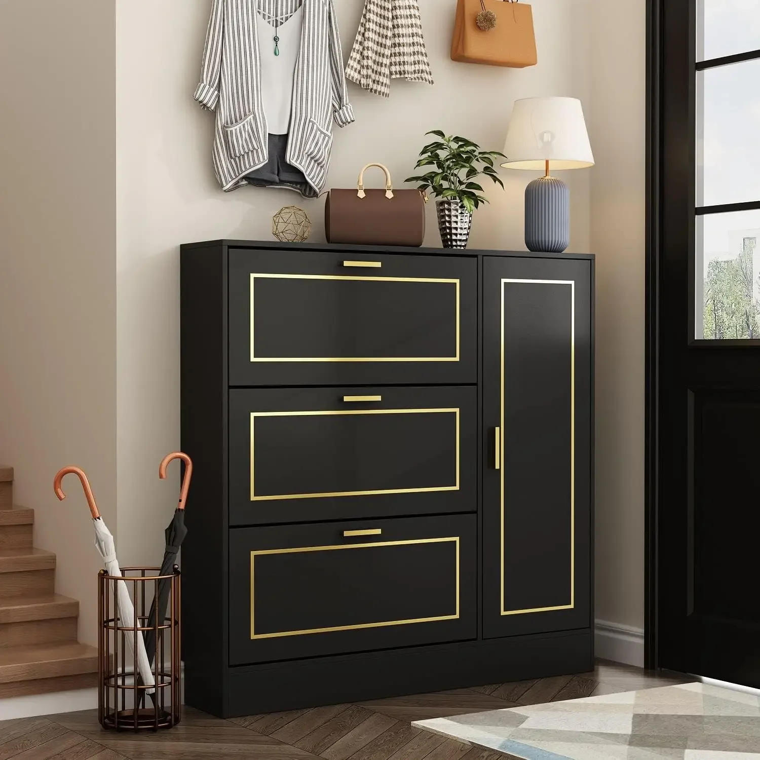 Description Picture 2 of itemShoe Storage Cabinet with 3 Flip Drawers & Locker, Wood Shoe Cabinet for Entryway, for Hallway Black and Gold