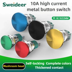 16/19/22mm Multicolour Metal Button Switch Mushroom Head 10A High Current Self Resetting/Self-locking Waterproof Start Button