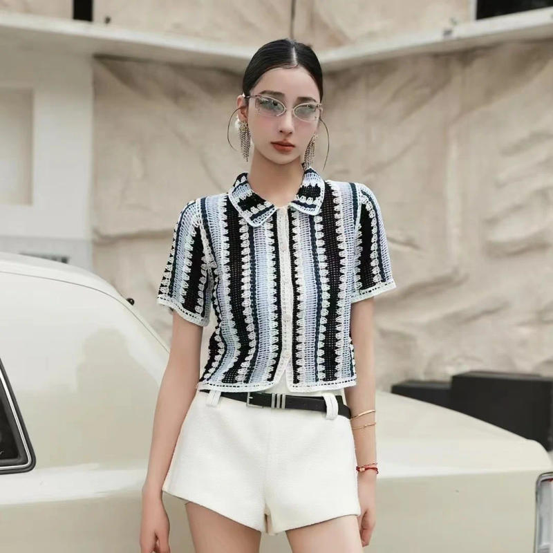 Description Picture 2 of itemStriped Crochet Shirt Collared Button-Down Short Sleeve Open-knit Blouse Women Summer Beach Boho Vacation Outfit