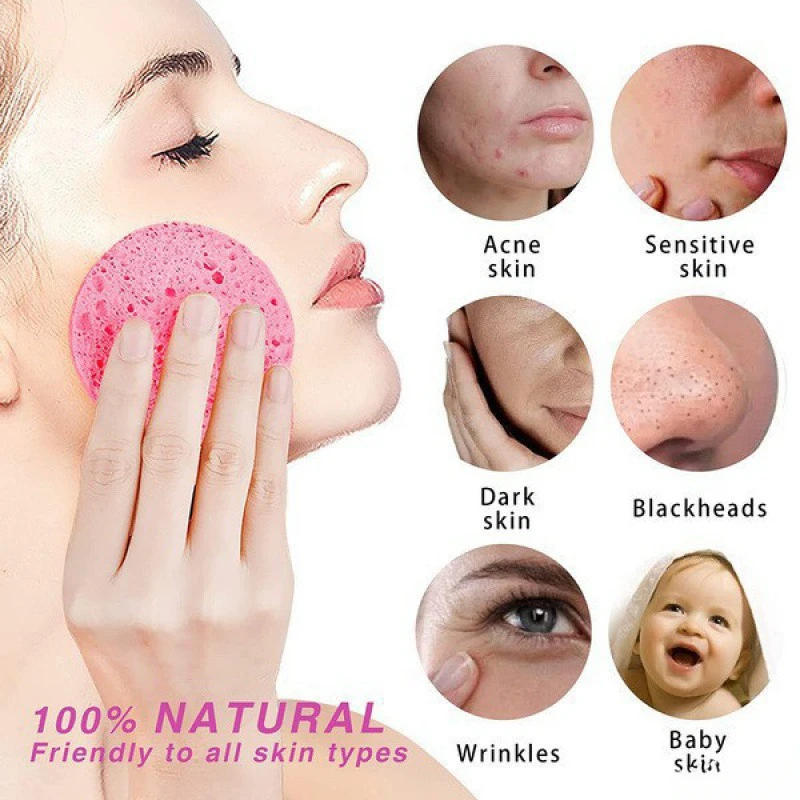 Description Picture 3 of item5-10pcs Natural Face Round Makeup Remover Tool Wood Pulp Sponge Cellulose Compress Cosmetic Puff Facial Washing Sponge Pink Blue