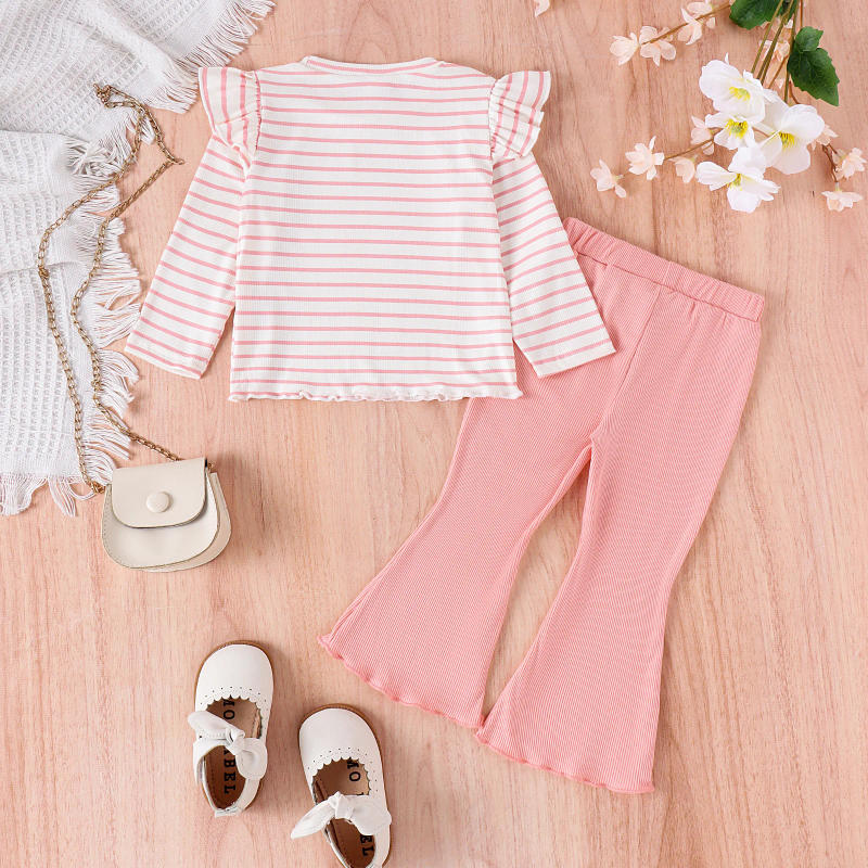 Description Picture 6 of item2PCS Summer Baby Girls 0-5 Years Old Soft And Comfortable Two-Color Striped Short-Sleeved Top Plain Shorts Casual Suit