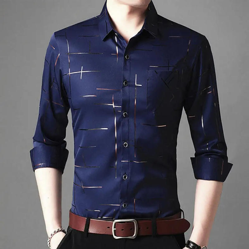 Description Picture 4 of itemMen's Business Shirt Middle-aged And Youngth Printed Stripes Silk Long Sleeved Single-breasted Shirt Fashion Casual Shirt Tops