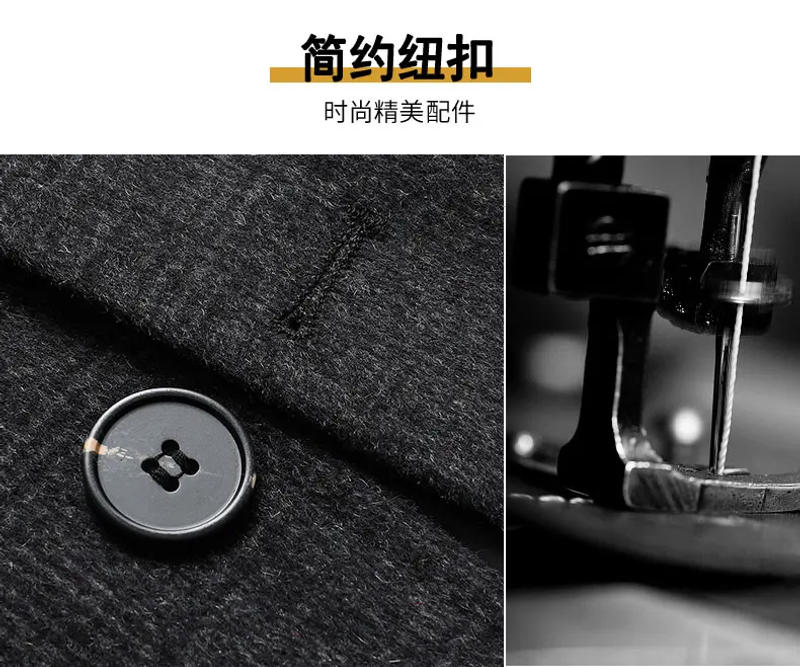 Description Picture 6 of item2023 Winter Men Elegant Cashmere Wool Blend Basic Coat Black Gray Plaid Ovecoat With Thicken Quilted Puff Detachable lining Wear