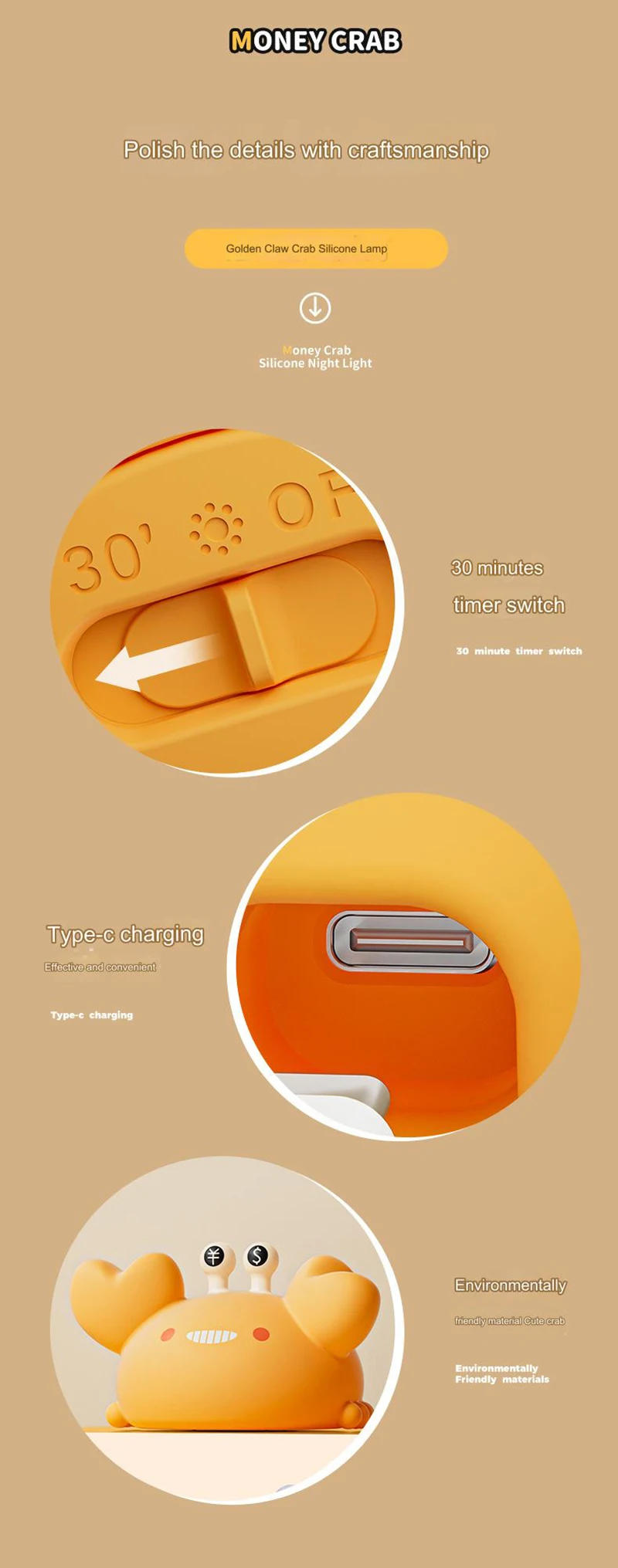 Description Picture 5 of itemFunny Money Crab Night Light Squishy Silicone Animal Dimmable Sleep Timer Baby Nightlight Kid Room Decor Bedside Touch Lamp Gift