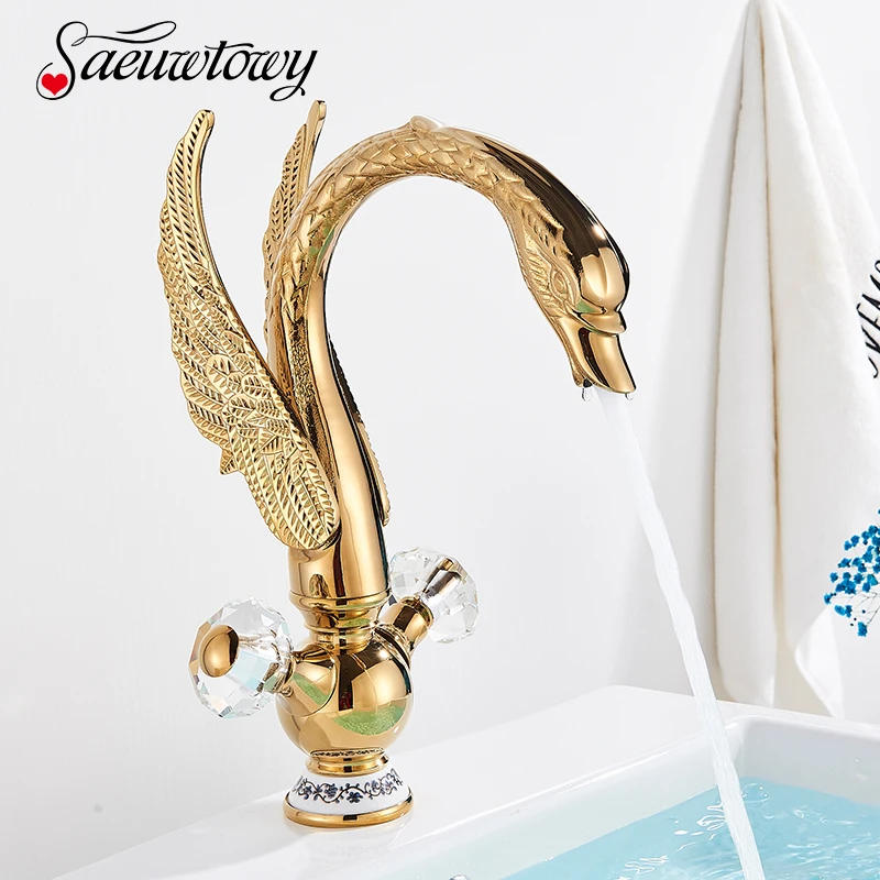 Description Picture 2 of itemGolden Luxury Swan Basin Faucet Deck Mounted Bathroom Faucet Hot and Cold Crane Mixer Tap Bath Water Faucet Basin Sink Taps