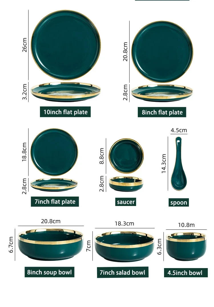 Description Picture 4 of itemCeramic Dinner Plates Dinnerware Set Dishes Luxury Green Food Dessert Plate Salad Soup Bowl Tableware Set for Restaurant Hotel