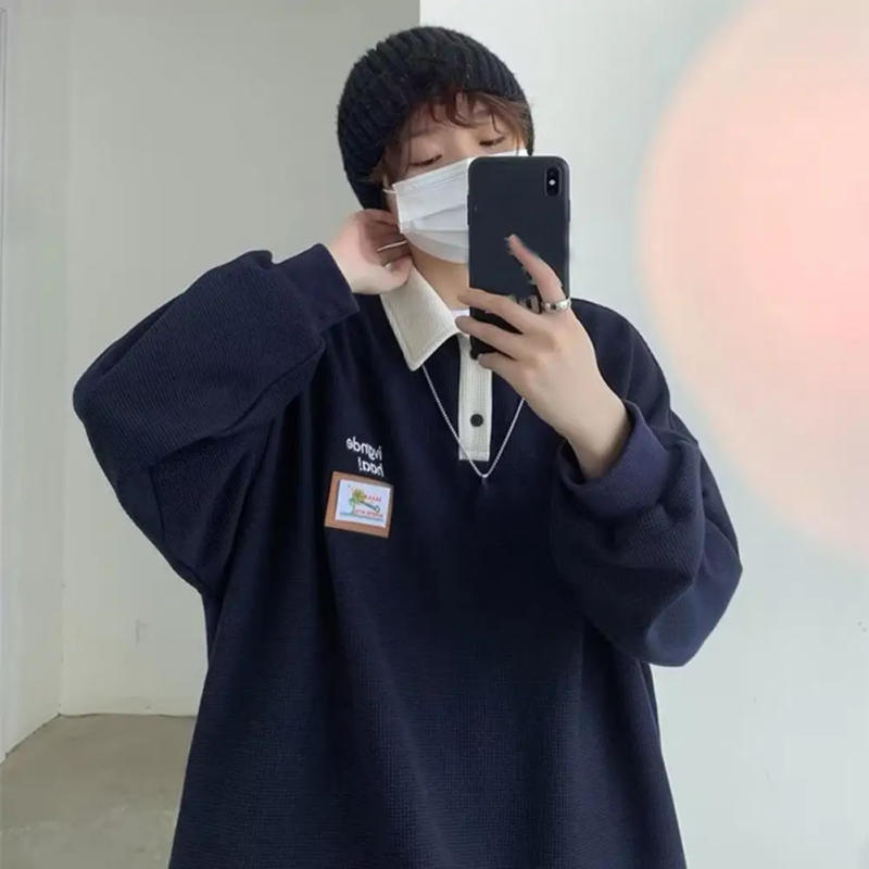 Description Picture 6 of itemMen Japanese Style Sweatshirt Retro Design Sweatshirt Men's Waffle Texture Sweatshirt with Lapel Collar Logo Print for Sport