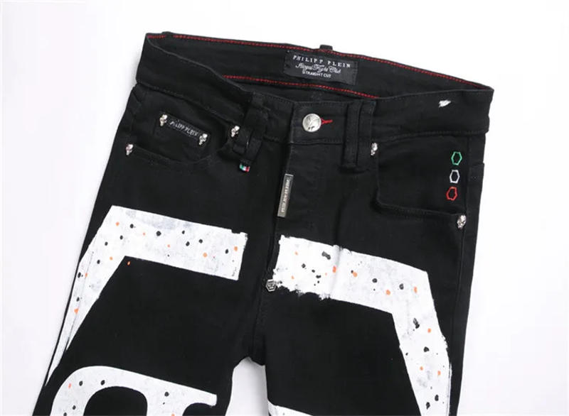 Description Picture 5 of item2024 Punk Print Black Men's Jeans Mid-Waist Slim Stretch Denim Pants Hip Hop Streetwear Fashion